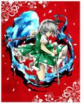  black_ribbon blue_eyes cai-man commentary_request dress falling_petals floral_background green_dress grey_hair hair_ribbon highres holding holding_sheath holding_sword holding_weapon katana konpaku_youmu konpaku_youmu_(ghost) loafers looking_at_viewer no_tsuba ribbon sheath shoes solo sword tied_flower touhou unsheathed weapon 