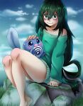  1girl animal_on_lap asui_tsuyu barefoot black_eyes blush boku_no_hero_academia cloud day english_commentary green_shirt hair_between_eyes jennipuff long_hair long_sleeves moss on_lap on_rock outdoors pokemon pokemon_(creature) poliwag shirt sitting smile very_long_hair 