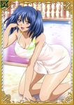  00s 1girl all_fours bashoku_youjou blue_hair breasts card_(medium) cleavage curvy female hair_ornament ikkitousen large_breasts looking_at_viewer navel purple_eyes short_twintails smile solo standing swimsuit twintails 
