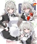  1girl @_@ apron blue_archive braid chaum doodle_sensei_(blue_archive) dress food frilled_dress frills green_halo grey_hair hair_ribbon halo highres ketchup ketchup_bottle long_hair maid maid_apron maid_headdress miyo_(blue_archive) multiple_views omelet omurice ribbon sensei_(blue_archive) side_braid sidelocks thumbs_up yellow_eyes 