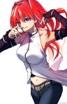  1girl aozaki_aoko armpits bad_id bad_twitter_id belt black_sleeves blue_eyes breasts carimarica denim detached_sleeves grin hair_intakes jacket jeans large_breasts long_hair mahou_tsukai_no_yoru one_eye_closed pants red_hair simple_background sleeveless sleeveless_jacket smile solo super_aoko white_background white_jacket wrist_cuffs 