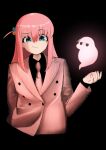  1girl absurdres ahoge black_background blue_eyes bocchi_the_rock! buttons cube_hair_ornament glowing gotoh_hitori hair_ornament hand_up highres invisible isago_ganma long_hair looking_at_viewer necktie pink_hair pink_necktie pink_suit simple_background smirk solo suit upper_body 
