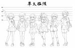  6+girls braid braided_bangs braided_bun closed_eyes crescent crescent_hair_ornament frilled_shorts frilled_skirt frills greyscale hair_bun hair_ornament height_chart highres holding_hands kantai_collection kisaragi_(kancolle) lineart long_hair long_sleeves looking_at_viewer minazuki_(kancolle) miniskirt monochrome multiple_girls mutsuki_(kancolle) necktie open_mouth perth_(kancolle) pleated_skirt school_uniform serafuku short_hair_with_long_locks short_shorts short_sleeves shorts sidelocks skirt smile socks tenshin_amaguri_(inobeeto) thighhighs translation_request uzuki_(kancolle) very_long_hair vest yayoi_(kancolle) 