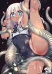  1girl abyssal_ship artist_logo black_background black_neckerchief black_one-piece_swimsuit blonde_hair blue_eyes blue_sailor_collar commentary_request dark-skinned_female dark_skin enemy_naval_mine_(kancolle) gummyrise highres kantai_collection logo long_hair motion_blur neckerchief one-piece_swimsuit one-piece_tan pussy_juice ro-500_(kancolle) sailor_collar sailor_shirt school_swimsuit shirt sleeveless sleeveless_shirt solo split standing standing_on_one_leg standing_split swimsuit tan tanlines teeth tentacles translation_request white_shirt 