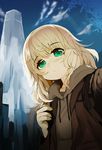  blonde_hair blush brown_jacket commentary_request drawstring eyebrows_visible_through_hair green_eyes highres hood hood_down hooded_jacket izuoku jacket looking_at_viewer original reaching_out self_shot solo 