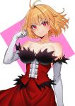  1girl absurdres arcueid_brunestud bare_shoulders blonde_hair breasts collarbone cosplay dress elbow_gloves eyelashes fukou gloves highres large_breasts red_dress red_eyes short_hair simple_background smile solo strapless strapless_dress tsukihime white_background white_gloves 