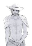  apple_(appleuniversing) beard chest_hair cowboy_shot facial_hair hat highres lifeguard_mccree looking_at_viewer male_focus male_pubic_hair mccree_(overwatch) monochrome neck nipples overwatch penis pubic_hair shirtless shorts shorts_pull sketch solo straw_hat towel towel_around_neck white_background 