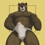  2017 5_fingers abs anthro bear biceps biped black_lips black_nose blush brown_fur brown_nipples bulge clothed clothing digital_media_(artwork) erection erection_under_clothes eyebrows front_view fur green_nose grizzly_bear hi_res jockstrap lane_thompson lips looking_down low-angle_view male mammal masturbation multicolored_fur muscular muscular_male nipple_pinch nipple_play nipple_stimulation nipples pecs penile_masturbation pepsi_(fa) pinch precum precum_through_clothing rov serratus signature simple_background solo standing sweat tattoo teeth tenting topless two_tone_fur underwear wet_spot white_bottomwear white_clothing white_fur white_underwear worm&#039;s-eye_view yellow_background 