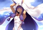 animal_ears armpits arms_up bangs blanket blush breasts commentary_request competition_swimsuit dark_skin deras double_exposure earrings eyebrows_visible_through_hair fate/grand_order fate_(series) hair_tubes hoop_earrings jackal_ears jewelry long_hair looking_at_viewer medium_breasts necklace nitocris_(fate/grand_order) nitocris_(swimsuit_assassin)_(fate) one-piece_swimsuit open_mouth purple_eyes purple_hair smile solo swimsuit upper_body very_long_hair 