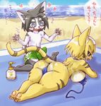  &lt;3 2017 5_fingers anthro beach big_breasts bikini blonde_hair blood blue_eyes blush breasts bulge butt canine clothed clothing cute_fangs detailed_background dialogue duo erection feline female fur grey_fur grey_hair hair half-closed_eyes hi_res japanese_text male mammal melonleaf motion_lines nosebleed oil open_mouth outside pawpads paws seaside side_boob speech_bubble spiral_eyes swimsuit text topless translated white_fur yellow_fur 