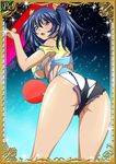  00s 1girl ass bare_legs bashoku_youjou blue_hair breasts card_(medium) cleavage curvy female hair_ornament huge_ass ikkitousen large_breasts looking_at_viewer looking_back navel panties purple_eyes short_shorts short_twintails shorts solo twintails 