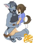  2017 3_fingers 3_toes anthro belt big_breasts big_thighs biped blue_clothing blue_topwear breast_size_difference breasts brown_eyes brown_hair brown_nose brown_tail butt canine cleavage clothed clothing collar crop_top crouching digital_drawing_(artwork) digital_media_(artwork) dog duo ear_piercing eyebrow_piercing eyelashes facial_piercing female female_on_top floppy_ears fluffy fluffy_tail footwear frown gloves_(marking) grey_bottomwear grey_clothing grey_hair grey_nose grey_tail grey_topwear hair half-closed_eyes high_heels huge_breasts inner_ear_fluff japanese kemono leg_grab looking_at_viewer looking_back mammal markings midriff notched_ear on_lap on_top on_top_of piercing raised_tail ryo_agawa shirt shoes shorts side_view simple_background sitting size_difference slim small_breasts small_waist smile socks_(marking) straddling striped_clothing toes undercut url voluptuous watermark whip white_background white_bottomwear white_clothing wolf yellow_eyes 