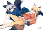  40hara animal_ears black_gloves black_legwear blazer blonde_hair boots bow bow_panties bowtie breasts crotch_seam ezo_red_fox_(kemono_friends) fox_ears fox_tail fur_trim gloves hair_between_eyes jacket kemono_friends loafers looking_at_viewer lying medium_breasts multicolored_hair multiple_girls on_back on_side orange_eyes orange_legwear panties panties_under_pantyhose pantyhose parted_lips shadow shoes silver_fox_(kemono_friends) silver_hair simple_background skirt skirt_lift tail thighband_pantyhose tsurime two-tone_hair underwear 