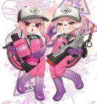  .52_gal_(splatoon) 2girls baseball_cap boots commentary commission elbow_gloves full_body gloves grin hat highres holding holding_weapon inkling inkling_girl inkling_player_character jumpsuit lifebuoy long_hair looking_at_viewer multiple_girls open_mouth parted_bangs pink_eyes pink_hair pink_jumpsuit pointy_ears puchiman purple_boots purple_gloves red_eyes rubber_boots rubber_gloves s-blast_(splatoon) salmon_run_(splatoon) shirt short_hair smile splatoon_(series) splatoon_3 standing swim_ring symbol-only_commentary tentacle_hair weapon white_shirt 