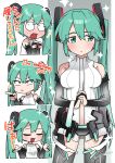  1girl ^^^ absurdres aqua_eyes aqua_hair bare_shoulders belt blush breasts bridal_gauntlets center_opening closed_eyes constricted_pupils cowboy_shot detached_sleeves elbow_gloves english_text fingerless_gloves gloves hair_between_eyes hair_ornament hatsune_miku hatsune_miku_(append) hayato_noda highres long_hair looking_to_the_side medium_breasts mixed-language_text multiple_expressions navel necktie own_hands_together pointing shrugging sparkle surprised thighhighs translation_request twintails v-shaped_eyebrows vocaloid vocaloid_append w_arms wide-eyed 