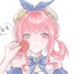  1girl absurdres bare_shoulders beret blue_bow blue_bowtie blue_choker blue_dress blue_sleeves bow bowtie brooch bubbly_voyage_(infinity_nikki) chinese_commentary chinese_text choker collarbone collared_dress commentary_request detached_sleeves dress eyelashes frilled_choker frilled_sleeves frills gusangyin hair_intakes hair_rings hat hat_bow hat_ornament highres holding infinity_nikki jewelry light_blush medium_hair nikki_(nikki) nikki_(series) parted_lips pink_eyes pink_hair short_sleeves sidelocks simple_background solo_focus speech_bubble star_(symbol) star_brooch star_hat_ornament strapless strapless_dress surprised teeth translation_request upper_body white_background white_hat 