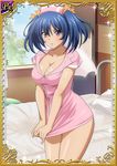  00s 1girl bashoku_youjou bed blue_hair breasts card_(medium) cleavage curvy female hair_ornament hat ikkitousen large_breasts looking_at_viewer navel nurse purple_eyes short_twintails solo standing twintails 