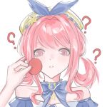  1girl ? ?? absurdres bare_shoulders beret blue_bow blue_bowtie blue_choker blue_dress blue_sleeves bow bowtie brooch bubbly_voyage_(infinity_nikki) chinese_commentary choker collarbone collared_dress commentary_request confused detached_sleeves dress eyelashes frilled_choker frilled_sleeves frills gusangyin hair_intakes hair_rings hat hat_bow hat_ornament highres holding infinity_nikki jewelry light_blush medium_hair nikki_(nikki) nikki_(series) parted_lips pink_eyes pink_hair short_sleeves sidelocks simple_background solo_focus star_(symbol) star_brooch star_hat_ornament strapless strapless_dress teeth upper_body white_background white_hat 