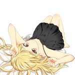  alternate_costume bare_arms barefoot blonde_hair blush breasts chemise commentary downblouse kirisame_marisa long_hair looking_at_viewer lying on_back simple_background sleepwear small_breasts solo touhou tsurara0128 upside-down wavy_hair white_background yellow_eyes 