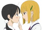  ahoge black_hair blonde_hair blue_eyes blush_stickers finger_to_another's_mouth green_eyes hair_ornament hairclip highres kitashirakawa_tamako long_hair multiple_girls parted_lips profile school_uniform short_hair simple_background tamako_market tokiwa_midori tsukkun twintails white_background yuri 