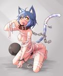  animal_ears ass bandages blue_hair blush breasts cat_ears cat_tail cleavage collar collarbone cuffs grey_background highres looking_at_viewer looking_away medium_breasts nude open_mouth orange_eyes original ryota_tentei scar short_hair simple_background solo tail tongue tora_tentei yellow_eyes 
