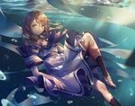  air_bubble bad_id bad_pixiv_id black_legwear brown_eyes brown_footwear brown_hair bubble day dress highres knee_up light_rays long_hair looking_at_viewer original outdoors shenteita shoes socks solo submerged sunbeam sunlight underwater water_surface 