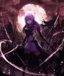  armor belt black_legwear detached_sleeves dual_wielding field_of_blades flag holding holding_sword holding_weapon long_hair looking_at_viewer moon motion_lines night night_sky original planted_sword planted_weapon polearm purple_eyes purple_hair see_n sky spear standing sword tattered_flag thighhighs weapon 