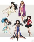  5girls alternate_costume black_skirt blonde_hair breasts carimarica cloak clothing_cutout crown dress ereshkigal_(fate) fate/grand_order fate_(series) frilled_skirt frills full_body highres holding holding_sword holding_umbrella holding_weapon ishtar_(fate) long_hair medium_breasts multiple_girls navel_cutout purple_cloak red_eyes skirt sword twintails umbrella weapon white_dress 