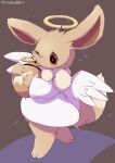  3_toes angel_costume anthro bodily_fluids brown_body brown_eyes brown_fur clothing costume crying digital_media_(artwork) dress eevee egg feathered_wings feathers feet female fur generation_1_pokemon halo hi_res kemono luckyrumi nintendo pokemon pokemon_(species) semi-anthro simple_background solo tail tears toes white_clothing white_dress wings 
