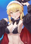  :o arm_up armpits artist_name artoria_pendragon_(all) artoria_pendragon_(swimsuit_rider_alter) bangs bikini blonde_hair blue_background blush breasts cleavage commentary dated eyebrows_visible_through_hair fate/grand_order fate_(series) frilled_bikini frills gun hair_between_eyes hand_up highres holding holding_gun holding_weapon hood hoodie looking_at_viewer maid_bikini medium_breasts navel open_clothes open_hoodie open_mouth ranyu sideboob sidelocks signature simple_background solo swimsuit upper_body weapon yellow_eyes 