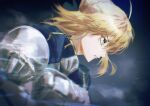  1girl absurdres armor armored_dress artoria_pendragon_(fate) blonde_hair braid braided_bun closed_mouth dress excalibur_(fate/stay_night) fate/stay_night fate_(series) gauntlets green_eyes hair_bun hair_ribbon highres ribbon saber_(fate) short_hair simple_background solo sword user_vehx2848 weapon 