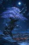  arizuka_(13033303) fantasy fish flying_fish full_moon highres moon night night_sky original oversized_animal sky star_(sky) tree village 