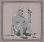  2017 3d_(artwork) 5_fingers alcohol anthro beverage black_eyes black_nails canine claws colored_nails digital_media_(artwork) eric_(v--r) fur glass grey_fur hi_res male mammal muscular muscular_male naughty_face nipples nude on_ground pecs simple_background sitting smile solo v--r wolf 