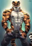  anthro clothed clothing feline flaccid leobo looking_at_viewer male mammal muscular muscular_male pantherine pecs penis penis_base smile solo standing tiger topless vein 