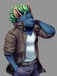  clothed clothing fully_clothed green_hair hair hyena jacket male mammal mohawk nyarlathotep sau_su_south tokyo_afterschool_summoners 