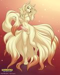  1girl adjusting_hair animal_ears artist_name blonde_hair breasts claws english erection fang feet full_body furry futanari gradient gradient_background half-closed_eyes hands_up highres knotted_penis large_breasts looking_to_the_side multiple_tails navel ninetales nipples no_humans nude open_mouth orange_background patreon paws penis personification pokemon pokemon_(creature) pokemon_rgby red_background red_eyes satsukii simple_background smile solo standing standing_on_one_leg tail teeth testicles text uncensored watermark 