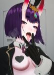  1girl alternate_costume artist_collaboration artist_name black_gloves black_jacket blender_(medium) blue_eyes blush commentary cunnilingus_gesture detached_collar dkclaude3d eclairstones english_commentary eyeshadow fangs fate/grand_order fate_(series) gloves half-closed_eyes hand_up heart_pasties highres jacket lapels looking_at_viewer makeup neck_ribbon notched_lapels pale_skin pasties photoshop_(medium) purple_hair purple_ribbon red_eyeshadow ribbon shuten_douji_(fate) solo sweat tongue tongue_out twitter_username white_wrist_cuffs wing_collar wrist_cuffs 