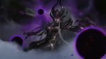  belt black_legwear blurry blurry_background breasts cleavage depth_of_field fog futoshi_(tekidai) gauntlets glowing glowing_eyes headpiece helm helmet highres league_of_legends lipstick long_hair looking_at_viewer makeup medium_breasts orb outstretched_arms outstretched_hand pauldrons purple_eyes purple_lipstick sitting solo syndra vambraces white_hair 