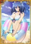  00s 1girl bashoku_youjou bikini blue_hair breasts card_(medium) cleavage curvy female hair_ornament ikkitousen large_breasts looking_at_viewer navel purple_eyes shiny_skin short_twintails smile solo standing swimsuit twintails water 