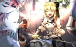  1boy 1girl artoria_pendragon_(fate) blonde_hair carimarica closed_eyes cowboy_shot cup detached_sleeves fate/grand_order fate_(series) holding holding_cup holding_sword holding_weapon light_blush merlin_(fate) polishing robe saber_lily smile sword weapon white_robe 
