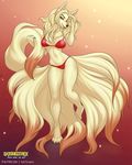  1girl adjusting_hair animal_ears artist_name bikini blonde_hair breasts cameltoe claws english erect_nipples fang feet full_body furry gradient gradient_background half-closed_eyes hands_up highres large_breasts looking_to_the_side multiple_tails navel ninetales no_humans open_mouth orange_background patreon paws personification pokemon pokemon_(creature) pokemon_rgby red_background red_bikini red_eyes satsukii simple_background smile solo standing standing_on_one_leg swimsuit tail teeth text underboob watermark 