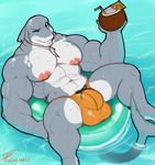  2017 abs anthro areola beverage biceps big_biceps big_muscles big_nipples big_pecs biped blue_eyes bulge clothed clothing coconut countershade_face countershade_torso countershading digital_media_(artwork) fin fish float food fruit george_gilliam gills grey_skin grey_tail head_fin hi_res holding_object jewelry looking_at_viewer male marine marlon.cores multicolored_skin muscular muscular_male navel necklace nipples one_eye_closed orange_bottomwear orange_clothing orange_underwear pecs pepsi_(fa) pink_nipples shark signature smile solo straw summer tail_fin thong topless two_tone_skin underwear water wet white_countershading white_skin wink 