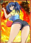  00s 1girl ass bare_legs bashoku_youjou blue_hair breasts card_(medium) cleavage curvy female hair_ornament huge_ass ikkitousen large_breasts looking_at_viewer looking_back navel purple_eyes short_shorts short_twintails shorts solo twintails 