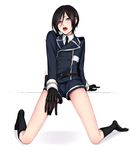  black_gloves black_hair black_legwear bota_(tsuboyan) double-breasted gloves hand_on_own_thigh highres legs looking_at_viewer male_focus military military_uniform necktie open_mouth pale_skin purple_eyes shorts simple_background socks solo tongue tongue_out touken_ranbu uniform white_background yagen_toushirou 