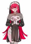  1girl :d alternate_costume bare_legs black_nails blunt_bangs blush capelet colored_skin commentary cowboy_shot fang flat_chest flying_sweatdrops grey_hair grey_skin heart_pasties heterochromia highres hololive hololive_indonesia hood interlocked_fingers kghazir kureiji_ollie long_hair long_sleeves looking_at_viewer mismatched_pupils multicolored_hair multicolored_skin nail_polish nun open_mouth own_hands_clasped own_hands_together pasties patchwork_skin pelvic_curtain red_eyes red_hair see-through_capelet see-through_clothes simple_background sleeve_cuffs smile solo stitched_face stitches straight-on streaked_hair sweat symbol-shaped_pupils thong two-tone_hair very_long_hair virtual_youtuber white_background x-shaped_pupils yellow_eyes 