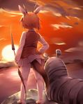  absurdres animal_ears ass blonde_hair cloud commentary day facing_away from_behind gazelle_ears gazelle_horns gazelle_tail hand_on_hip highres holding horns kanzakietc kemono_friends long_sleeves outdoors pantyhose savanna_striped_giant_slug_(kemono_friends) shirt shoes short_hair sky slug standing sun sunset sweater_vest tail thomson's_gazelle_(kemono_friends) white_legwear white_shirt wind 