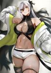  1girl absurdres bare_shoulders black_hair breasts cleavage commentary_request fate/grand_order fate_(series) green_eyes green_jacket highres jacket jikihatiman large_breasts long_hair long_sleeves looking_at_viewer multicolored_hair multicolored_jacket nagao_kagetora_(fate) navel shorts smile solo thighhighs two-tone_hair two-tone_jacket uesugi_kenshin_(second_ascension)_(fate) white_hair white_jacket white_shorts 