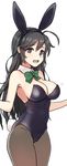 :d ahoge animal_ears bare_shoulders black_hair blue_eyes bow bowtie breasts bright_pupils brown_legwear bunny_ears bunny_girl bunny_tail bunnysuit cleavage covered_navel cowboy_shot detached_collar fake_animal_ears girls_und_panzer hairband isuzu_hana jorin large_breasts leotard long_hair looking_at_viewer open_mouth pantyhose simple_background smile solo tail white_background white_pupils 