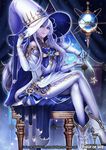  blue_eyes boots copyright_name crossed_legs crystal_ball curtains earrings force_of_will gem gloves hat high_heel_boots high_heels jewelry long_hair official_art pantyhose sitting solo sparkle star thighhighs white_hair wizard_hat 
