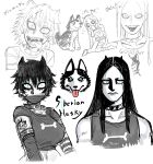  1boy 1girl :d absurdres animal_name arm_tattoo bandages bandages_over_mouth bare_shoulders belt_collar blue_eyes braces breasts choker collar collarbone constricted_pupils creature_and_personification cropped_shirt dancho_no_mori dog drooling earrings english_text eyeliner fangs highres husky jewelry large_breasts long_hair makeup navel no_eyebrows open_mouth original parted_bangs personification saliva short_hair simple_background smile spiked_choker spikes stuffed_animal stuffed_dog stuffed_toy tank_top tattoo teeth tongue tongue_out white_background 